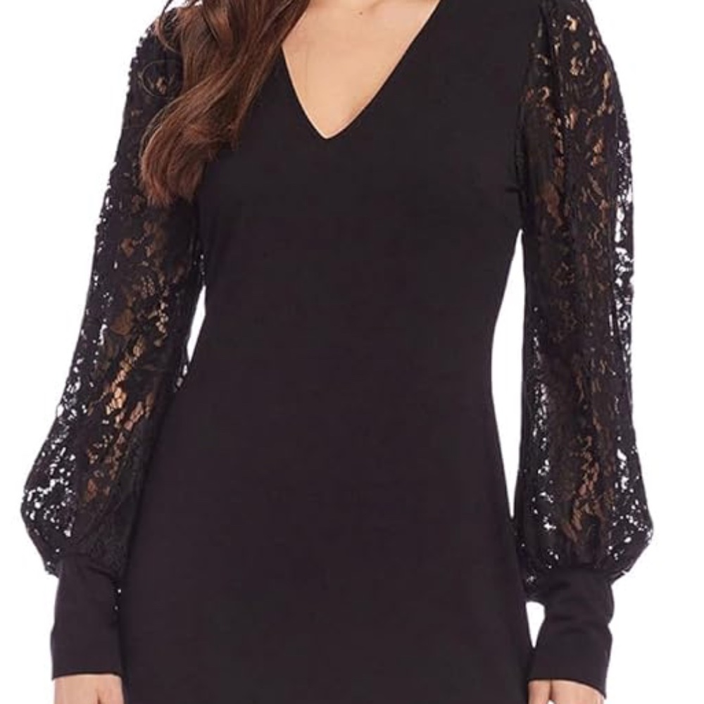 Vtg -1980-90s Karen Kane Women's Lace Sleeve V-Neck Midi Dress Black Size-XSP